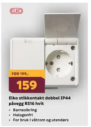 Megaflis Elko stikkontakt dobbel IP44 påvegg RS16 hvit tilbud