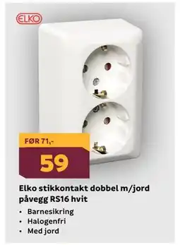 Megaflis Elko stikkontakt dobbel m/jord påvegg RS16 hvit tilbud