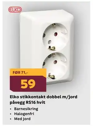 Megaflis Elko stikkontakt dobbel m/jord påvegg RS16 hvit tilbud