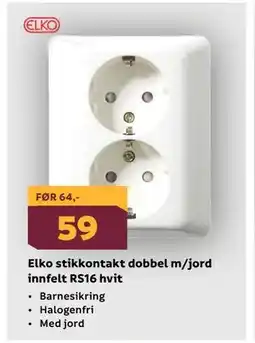 Megaflis Elko stikkontakt dobbel m/jord innfelt RS16 hvit tilbud
