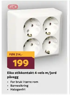 Megaflis Elko stikkontakt 4-veis m/jord påvegg tilbud