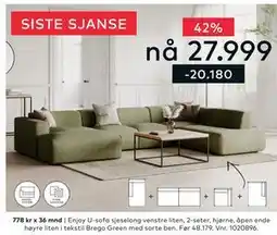 Skeidar Enjoy U-sofa sjeselong venstre liten, 2-seter, hjørne, åpen ende høyre liten tilbud