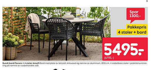 Rusta Rundt bord Florens + 4 stoler Amalfi tilbud