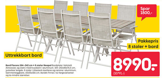 Rusta Bord Florens 184-242 cm + 8 stoler Neapel tilbud