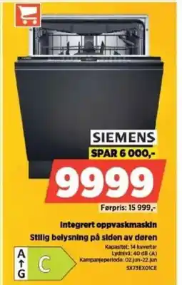 POWER SIEMENS Integrert oppvaskmaskin Stilig belysning på siden av døren tilbud