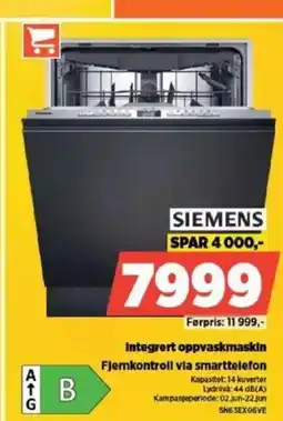 POWER SIEMENS Integrert oppvaskmaskin Fjernkontroll via smarttelefon tilbud