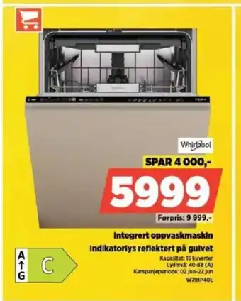 POWER Whirlpool Integrert oppvaskmaskin Indikatorlys reflektert på gulvet tilbud
