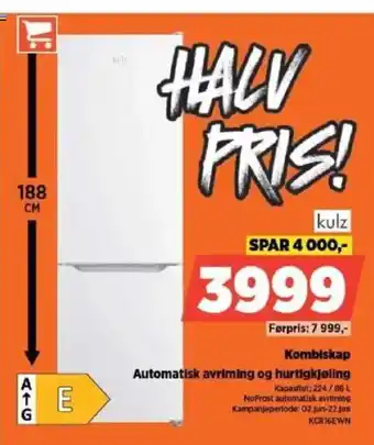 POWER Kulz kombiskap Automatisk avriming og hurtigkjøling tilbud
