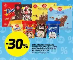 Bunnpris SMIL, MELKESJOKOLADE, FIRKLØVER, DAIM, BALLTOPP MINI, NONSTOP FLØTEIS OG KRONEIS NONSTOP tilbud