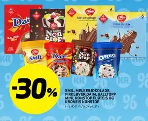Bunnpris SMIL, MELKESJOKOLADE, FIRKLØVER, DAIM, BALLTOPP MINI, NONSTOP FLØTEIS OG KRONEIS NONSTOP tilbud