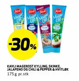 Bunnpris KAVLI MAGEROST KYLLING, SKINKE, JALAPENO OG CHILI & PEPPER & HVITLØK tilbud