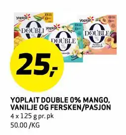 Bunnpris YOPLAIT DOUBLE 0% MANGO, VANILJE OG FERSKEN/PASJON tilbud