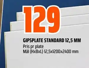 Obs Bygg GIPSPLATE STANDARD 12,5 MM tilbud