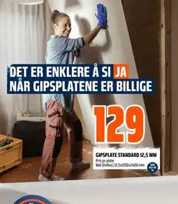 Obs Bygg GIPSPLATE STANDARD 12,5 MM tilbud