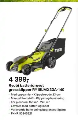 Felleskjøpet Ryobi batteridrevet gressklipper RY18LMX33A-140 tilbud