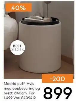 Skeidar Madrid puff. Hvit med oppbevaring og brett Ø40cm tilbud
