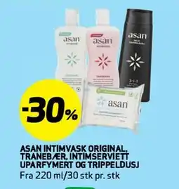 Bunnpris ASAN INTIMVASK ORIGINAL, TRANEBÆR, INTIMSERVIETT UPARFYMERT OG TRIPPELDUSJ tilbud