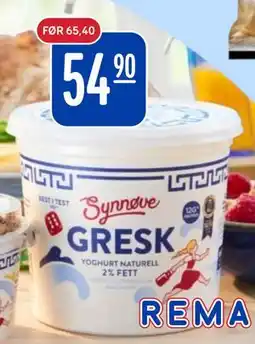 Rema 1000 Synnøve Gresk yoghurt tilbud