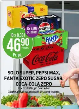 Kiwi SOLO SUPER, PEPSI MAX, FANTA EXOTIC ZERO SUGAR, COCA-COLA ZERO tilbud