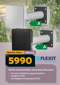 Megaflis Flexit romventilator Aura One hvit/sort tilbud
