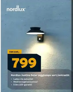 Megaflis Nordlux Justina Solar vegglampe sort/antrasitt tilbud