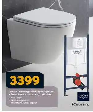 Megaflis Celeste Unico veggskål m/åpen spylekant + Grohe Rapid SL sisterne u/trykkplate tilbud