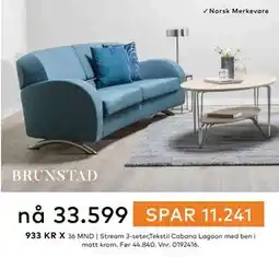 Skeidar Stream 3-seter,Tekstil Cabana Lagoon med ben i matt krom tilbud