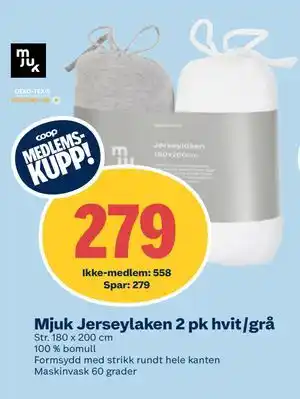 Coop Obs Mjuk Jerseylaken 2 pk hvit/grå tilbud
