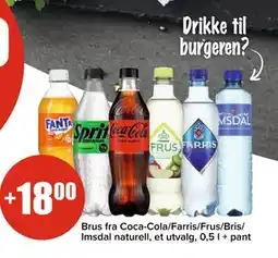 Spar Brus fra Coca-Cola/Farris/Frus/Bris/ Imsdal naturell, et utvalg, 0,5 l + pant tilbud