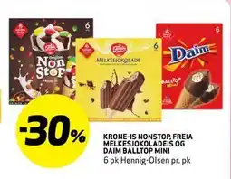 Bunnpris KRONE-IS NONSTOP. FREIA MELKESJOKOLADEIS OG DAIM BALLTOP MINI tilbud