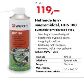 Würth Heftende tørr- smøremiddel, HHS 100 Syntetisk tørrvoks med PTFE tilbud