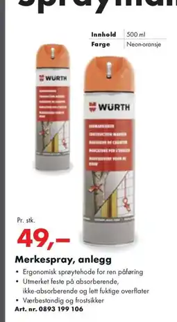 Würth Merkespray, anlegg tilbud