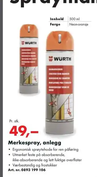 Würth Merkespray, anlegg tilbud