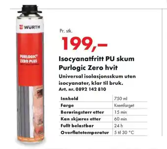 Würth Isocyanatfritt PU skum Purlogic Zero hvit tilbud