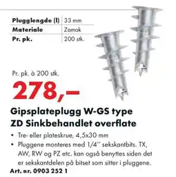 Würth Gipsplateplugg W-GS type ZD Sinkbehandlet overflate • Tre- eller plateskrue, 4,5x30 mm tilbud