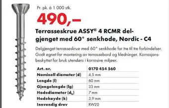 Würth Terrasseskrue ASSY® 4 RCMR del- gjenget med 60° senkhode, Nordic - C4 tilbud