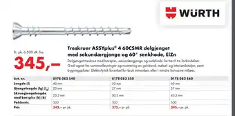Würth Treskruer ASSYplus® 4 60CSMR delgjenget med sekundærgjenge og 60° senkhode, ElZn tilbud