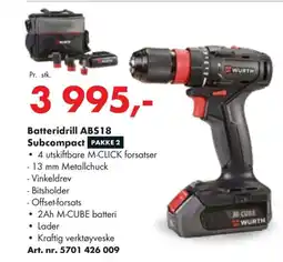 Würth Batteridrill ABS18 Subcompact PAKKE 2 tilbud