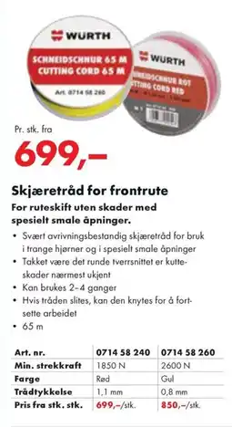 Würth Skjæretråd for frontrute tilbud
