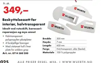 Würth Beskyttelsessett for interiør, halvtransparent Ideelt ved ruteskift, karosseri- reparasjon og mye annet tilbud