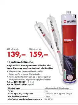 Würth 1C rutelim Ultimate Høykvalitets 1-komponent rutelim for alle typer kjøretøy som kan brukes i alle årstider tilbud