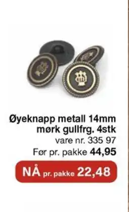 Stoff & Stil Øyeknapp metall 14mm mørk gullfrg. 4stk tilbud