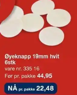 Stoff & Stil Øyeknapp 19mm hvit 6stk tilbud
