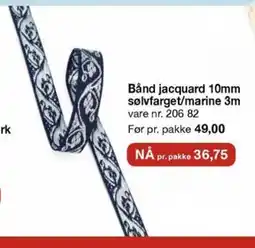 Stoff & Stil Bånd jacquard 10mm sølvfarget/marine 3m vare nr. 206 82 Før pr. pakke 49,00 tilbud