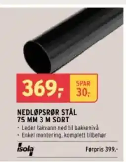Montér Nedløpsrør stål 75 mm 3 m sort tilbud
