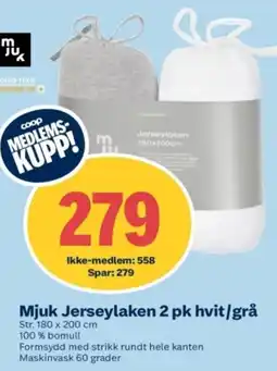 Coop Obs Mjuk Jerseylaken 2 pk hvit/grå tilbud