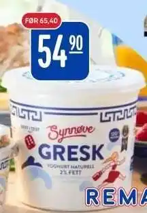 Rema 1000 Synnøve Gresk Yoghurt Naturell 2% Fett tilbud