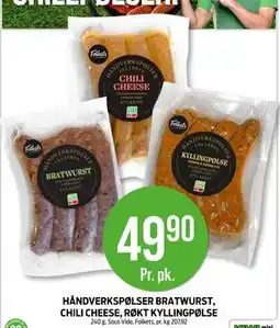 Kiwi HÅNDVERKSPØLSER BRATWURST, CHILI CHEESE, RØKT KYLLINGPØLSE, NOK 49.9 tilbud