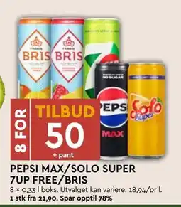 Coop Mega PEPSI MAX/SOLO SUPER 7UP FREE/BRIS, NOK 50 tilbud