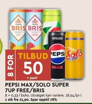 Coop Mega PEPSI MAX/SOLO SUPER 7UP FREE/BRIS, NOK 50 tilbud